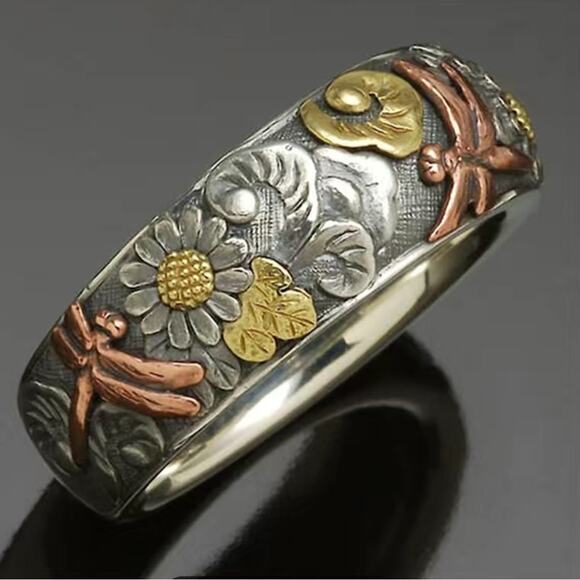 Carved Flower Dragonfly Sunflower Ring Tri Tone Size 7 - Picture 2 of 5